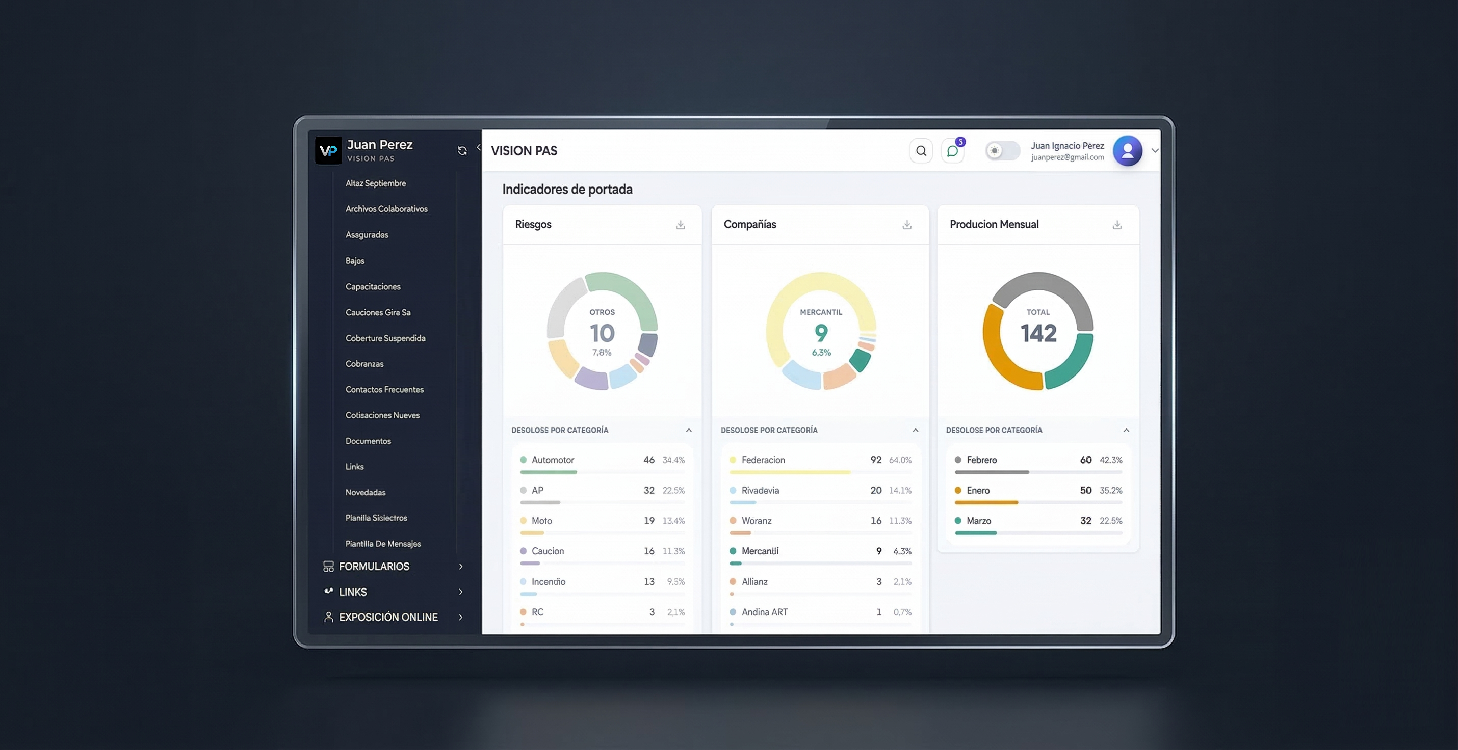 Vista general del panel principal de VISION PAS.